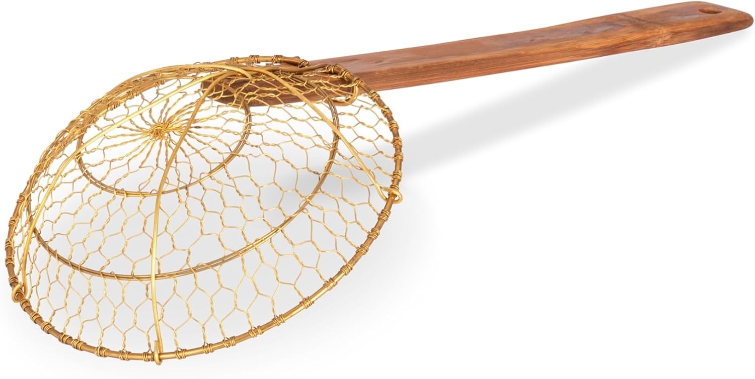 image:imageCraft Wok Large 11Inch Stainless Steel Round Fry Basket with Wooden Handle Professional Deep Fry Strainer Durable Kitchen Skimmer for Cooking and Frying 732W142Brass
