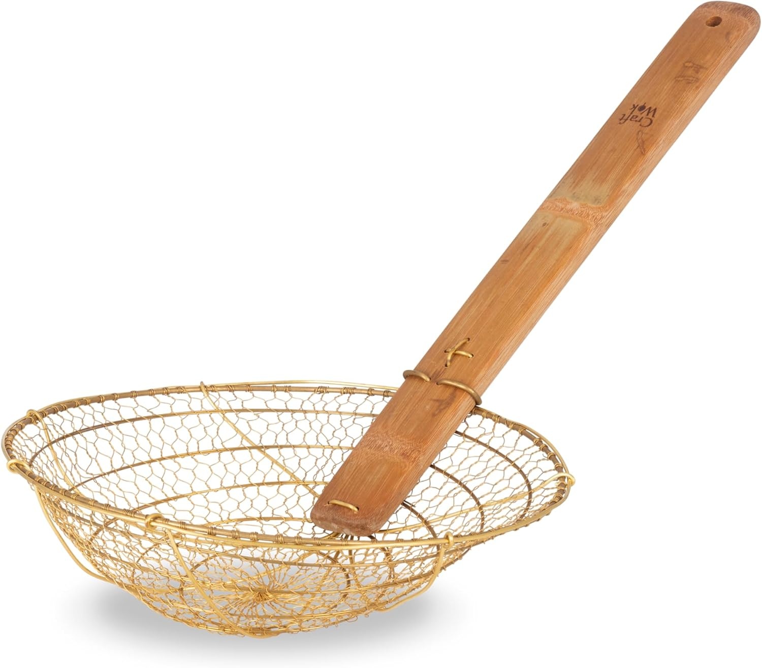 image:imageCraft Wok Large 11Inch Stainless Steel Round Fry Basket with Wooden Handle Professional Deep Fry Strainer Durable Kitchen Skimmer for Cooking and Frying 732W142Brass