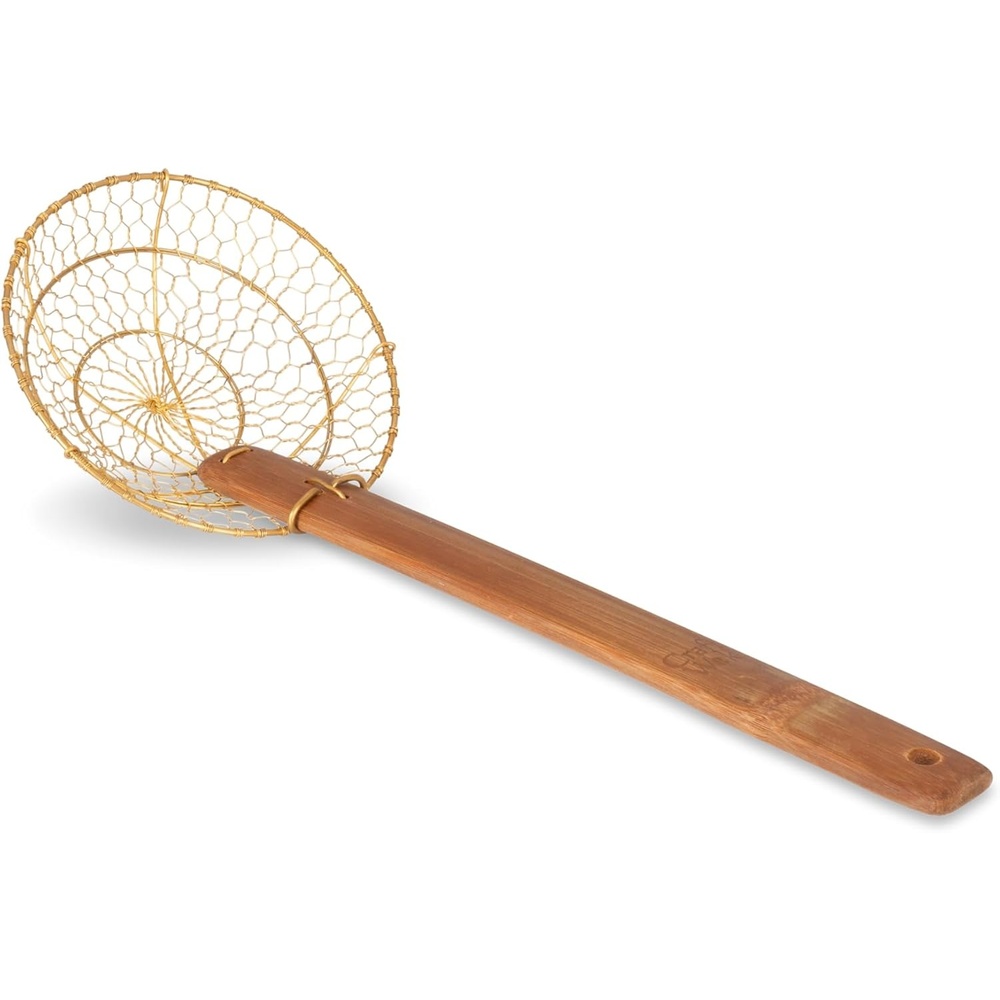 image:imageCraft Wok Large 11Inch Stainless Steel Round Fry Basket with Wooden Handle Professional Deep Fry Strainer Durable Kitchen Skimmer for Cooking and Frying 732W142Brass