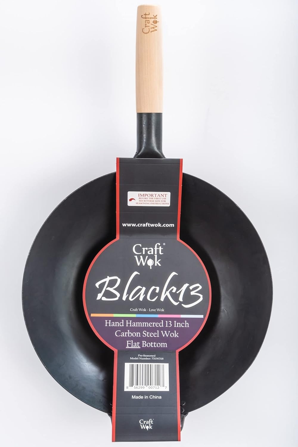 image:imageCraft Wok Black13 Flat PreSeasoned Hammered Carbon Steel Wok with Wooden and Steel Helper Handle 13 Inch Flat Bottom
