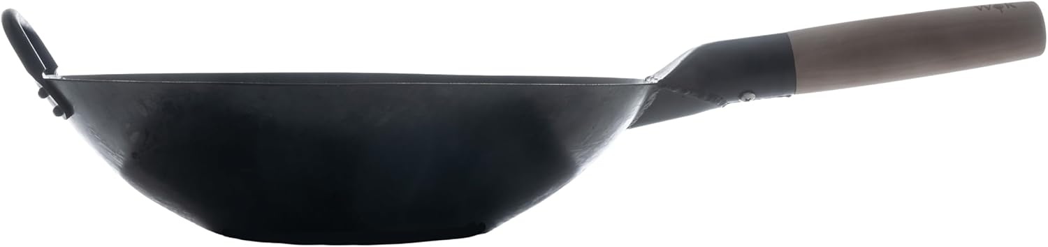 image:imageCraft Wok Black13 Flat PreSeasoned Hammered Carbon Steel Wok with Wooden and Steel Helper Handle 13 Inch Flat Bottom
