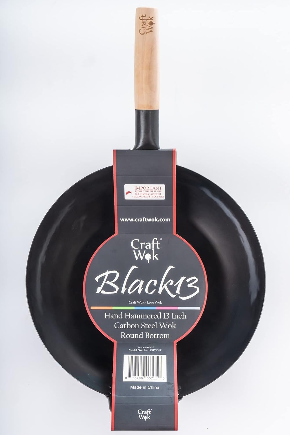image:imageCraft Wok Black13 PreSeasoned Hand Hammered Carbon Steel Pow Wok with Wooden and Steel Helper Handle 13 Inch Round Bottom