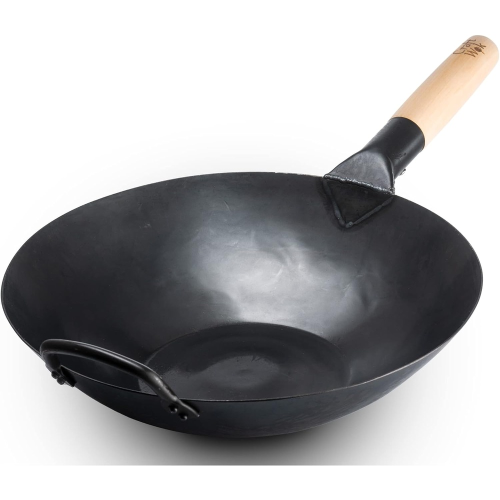 image:imageCraft Wok Black13 Flat PreSeasoned Hammered Carbon Steel Wok with Wooden and Steel Helper Handle 13 Inch Flat Bottom
