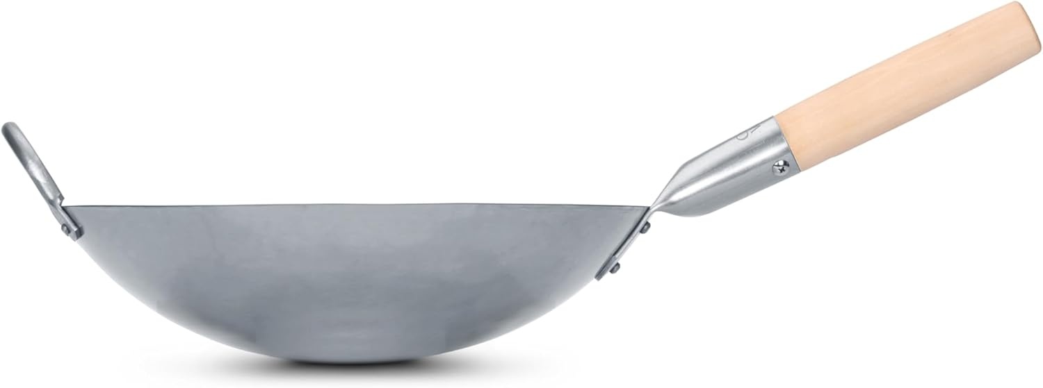 image:imageCraft Wok Traditional Hand Hammered Chinese Carbon Steel Wok with Wooden and Steel Helper Handle 14 Inch Round Bottom Pow Wok Pan 731W8812in
