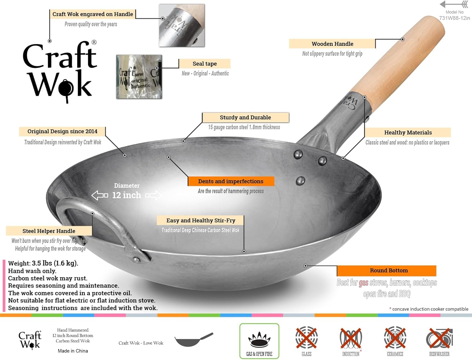 image:imageCraft Wok Traditional Hand Hammered Chinese Carbon Steel Wok with Wooden and Steel Helper Handle 14 Inch Round Bottom Pow Wok Pan 731W8812in