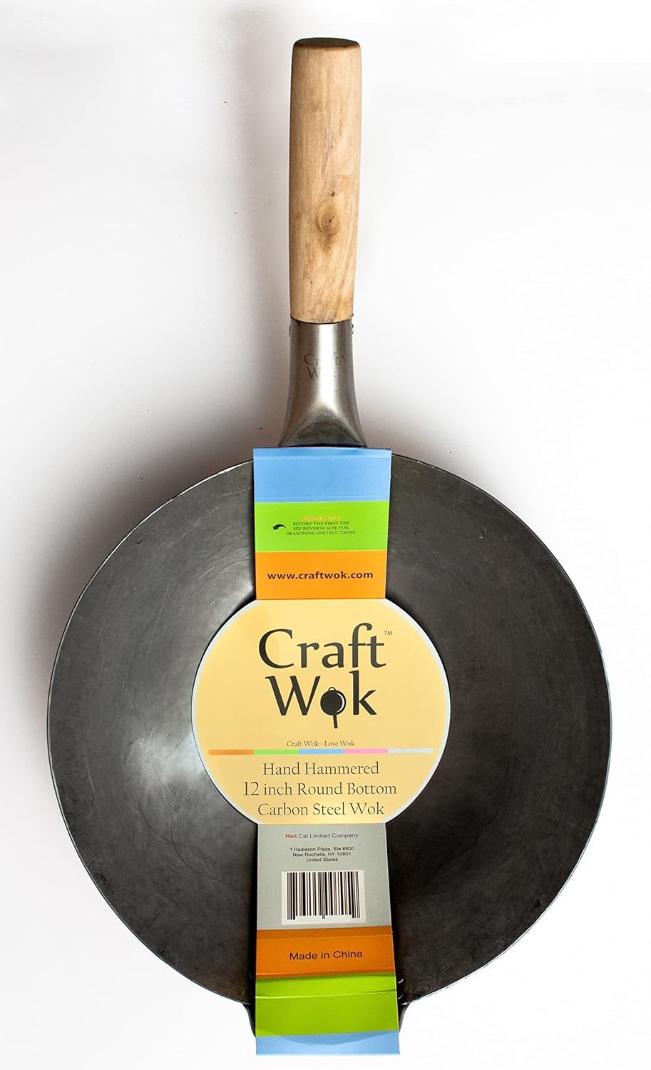 image:imageCraft Wok Traditional Hand Hammered Chinese Carbon Steel Wok with Wooden and Steel Helper Handle 14 Inch Round Bottom Pow Wok Pan 731W8812in