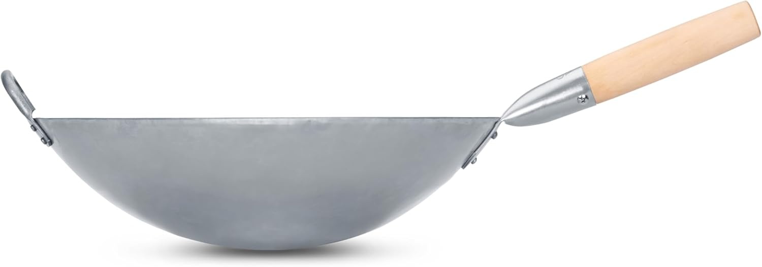 image:imageCraft Wok Traditional Hand Hammered Chinese Carbon Steel Wok with Wooden and Steel Helper Handle 14 Inch Round Bottom Pow Wok Pan 731W8814in