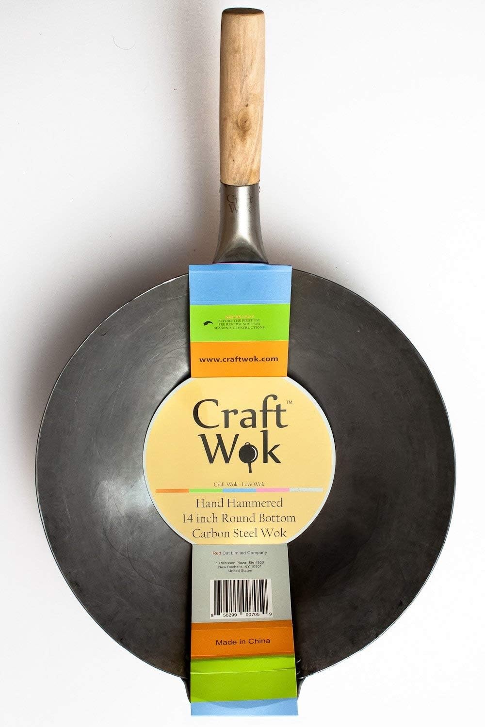 image:imageCraft Wok Traditional Hand Hammered Chinese Carbon Steel Wok with Wooden and Steel Helper Handle 14 Inch Round Bottom Pow Wok Pan 731W8814in