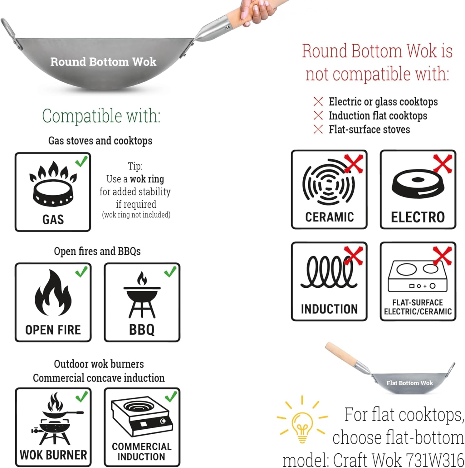 image:imageCraft Wok Traditional Hand Hammered Chinese Carbon Steel Wok with Wooden and Steel Helper Handle 14 Inch Round Bottom Pow Wok Pan 731W8814in