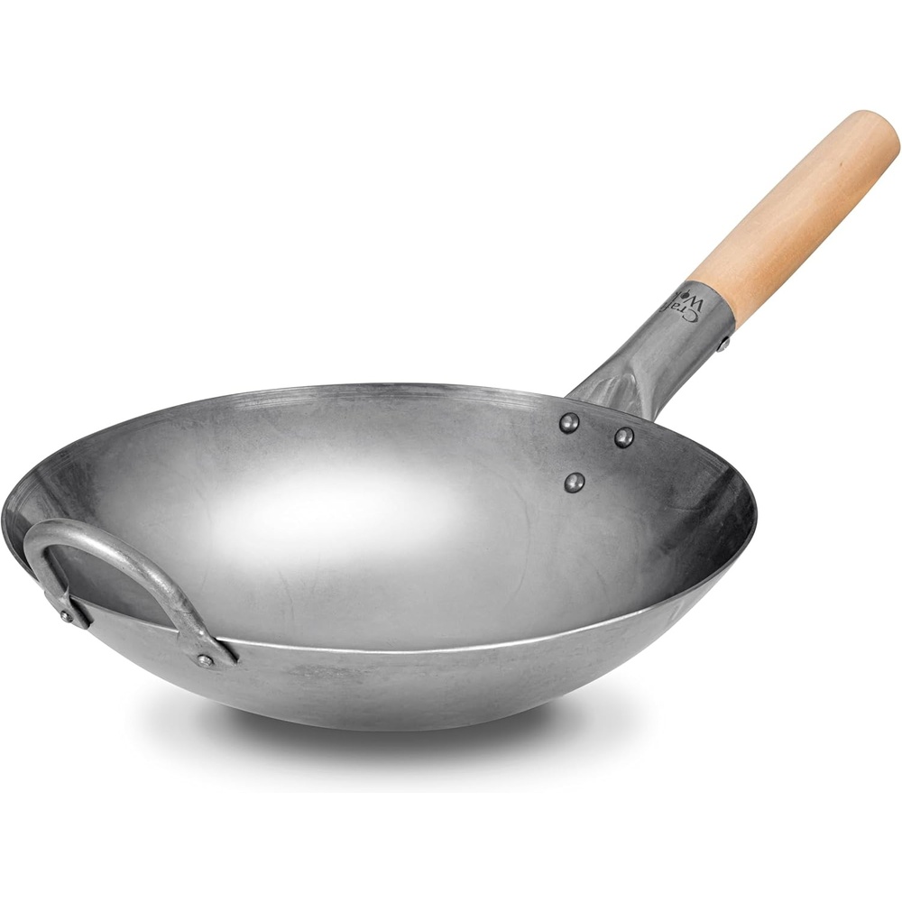 image:imageCraft Wok Traditional Hand Hammered Chinese Carbon Steel Wok with Wooden and Steel Helper Handle 14 Inch Round Bottom Pow Wok Pan 731W8812in